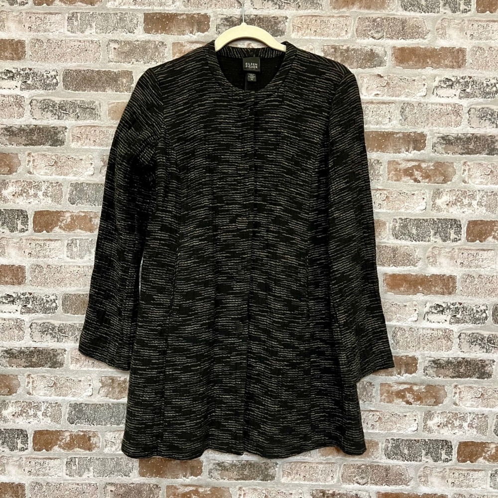 Eileen Fisher Black/Tan Cotton Jacaquard Jacket, Rayon-lined, Covered Buttons PS